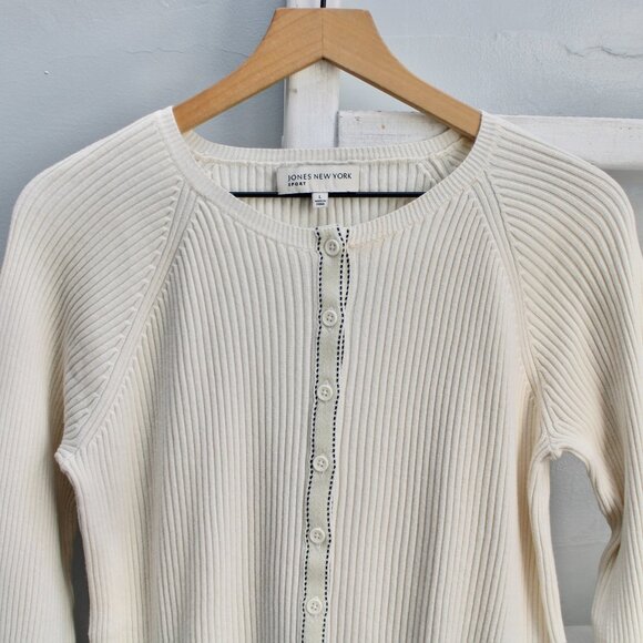 Jones New York VTG Y2K Cream Cotton Ribbed Button Cardigan Sweater Size Large - Picture 6 of 8